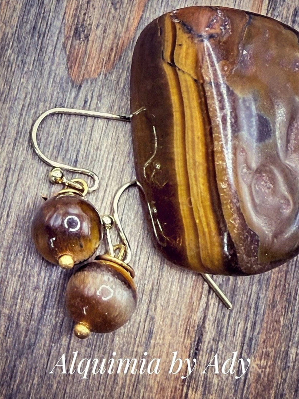 Alquimia by Ady Tiger Eye Drop Earrings in Brown & Gold